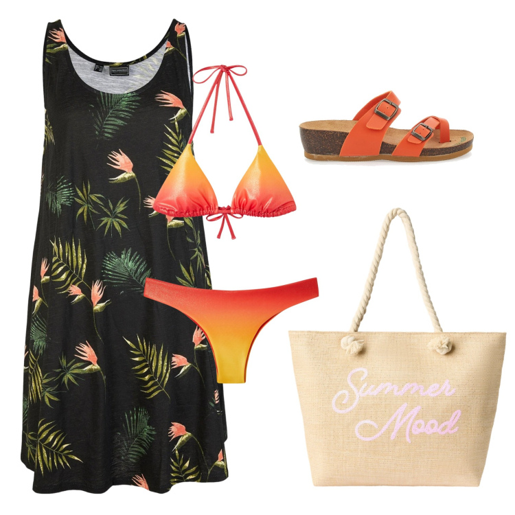 Outfit donna - Total look #2379949. Stile Basic per Mare. Abbinamento con vestiti da spiaggia, bikini, bikini, borse tote, infradito.