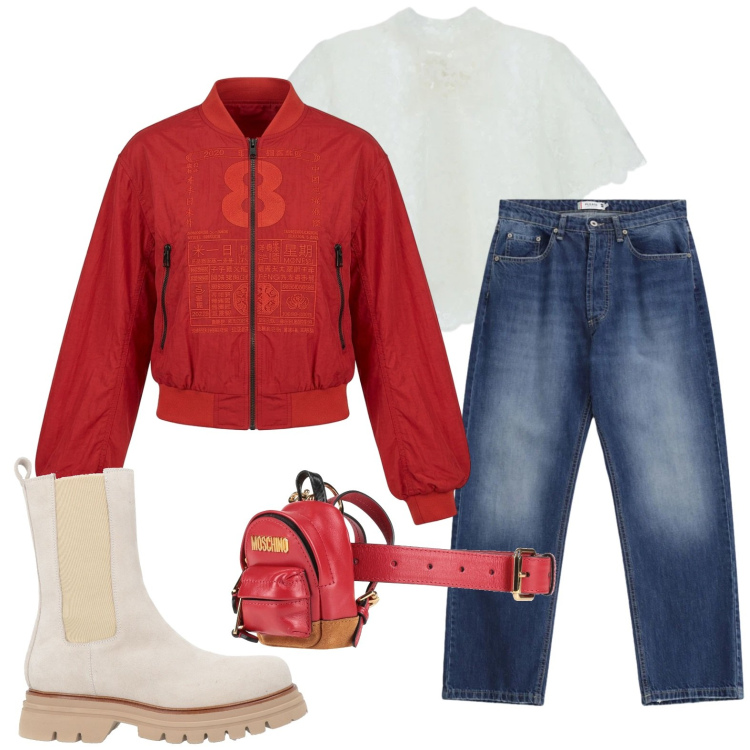 Outfit donna - Un giro in moto. Stile Casual per Sport. Abbinamento con marsupi, stivaletti, jeans dritti, top, bomber.