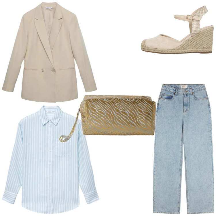 Outfit donna - Urban. Stile Casual per Tutti i giorni. Abbinamento con camicie, jeans, valigie, blazer, zeppe.