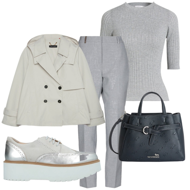 Outfit donna - Curvy style in grigio. Stile Casual chic per Ufficio. Abbinamento con scarpe stringate, pantaloni, pullovers, trench, borse a mano.