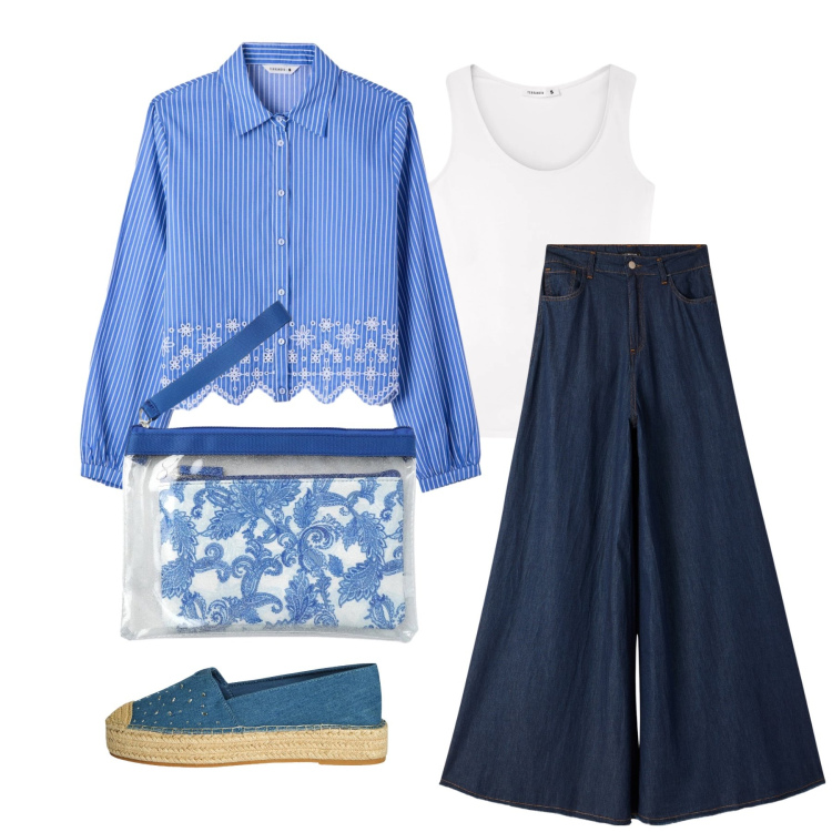 Outfit donna - Aprile. Stile Casual per Tutti i giorni. Abbinamento con jeans, top, camicie, pochette, espadrillas.