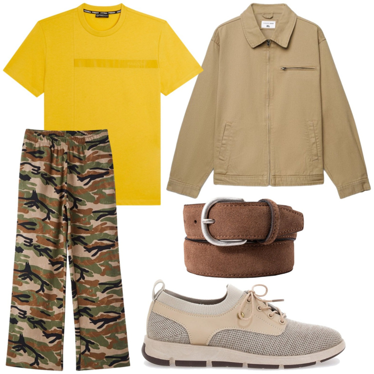 Outfit uomo - Camouflage. Stile Casual per Tutti i giorni. Abbinamento con pantaloni, cappotti, t-shirt, scarpe stringate, cinture.