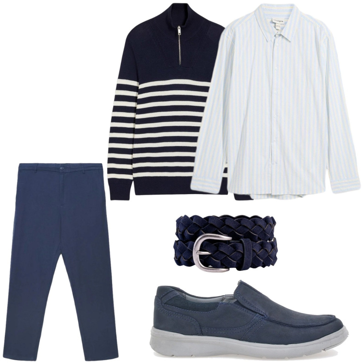 Outfit uomo - Linee pulite. Stile Casual per Ufficio. Abbinamento con camicie, maglieria, pantaloni, cinture, scarpe stringate.