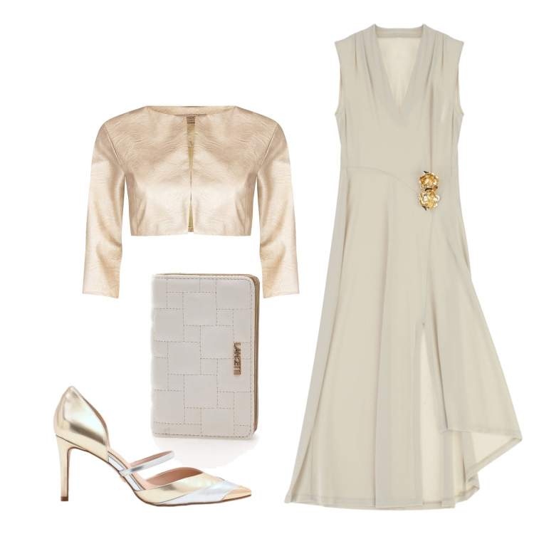 Outfit donna - Aprile. Stile Chic per Cerimonia. Abbinamento con vestiti midi/longuette, bolero, décolleté, portafogli.