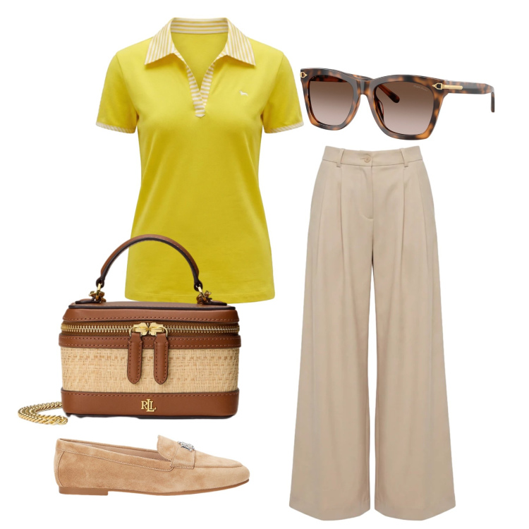 Outfit donna - Aprile. Stile Casual chic per Tutti i giorni. Abbinamento con pantaloni, polo, borse a tracolla, mocassini, occhiali da sole.