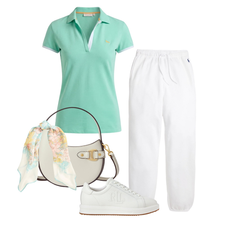 Outfit donna - Aprile. Stile Sporty chic per Tutti i giorni. Abbinamento con polo, sneakers, borse a tracolla, foulard, pantaloni sportivi.