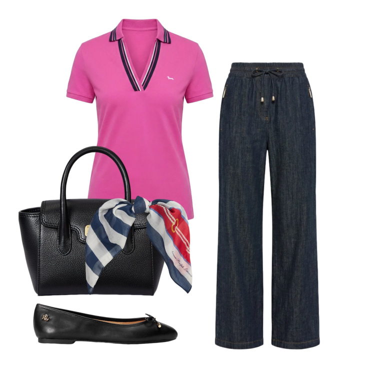 Outfit donna - Aprile. Stile Casual chic per Tutti i giorni. Abbinamento con pantaloni, polo, ballerine, borse a mano, foulard.