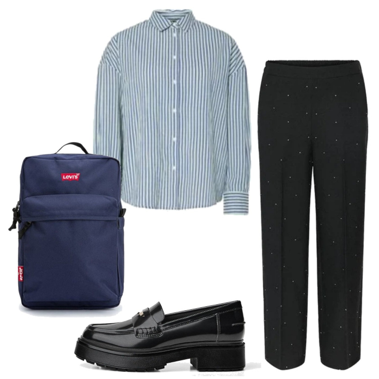 Outfit mujer - Mannish. Estilo Mannish para Todos los días. Combinación con mochilas, pantalones, mocasines, blusas.