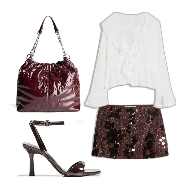 Outfit mujer - Trendy look. Estilo Trendy para Noche/Fiesta elegante. Combinación con faldas, bolsos saco, sandalias de tacón, blusas.