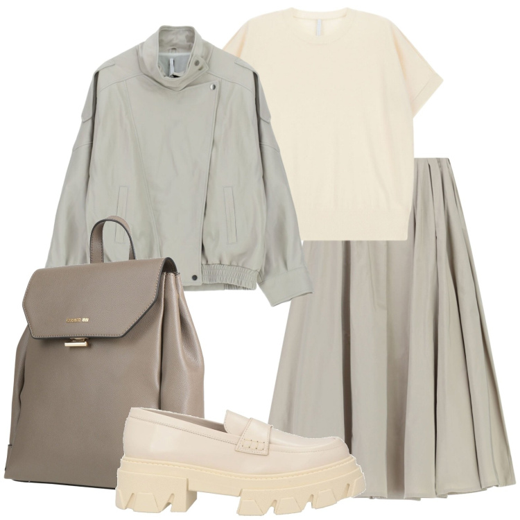Outfit donna - Total look city. Stile Urban per Scuola/Università. Abbinamento con zaini, mocassini, t-shirt, gonne lunghe, giacche.