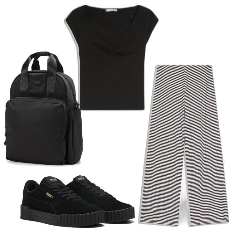 Outfit mujer - Basic look. Estilo Basic para Todos los días. Combinación con pantalones, sneakers, mochilas, camiseta.