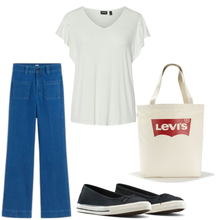 Outfit mujer - Casual. Estilo Casual para Todos los días. Combinación con vaqueros bootcut, bolso tote, camiseta, bailarinas.