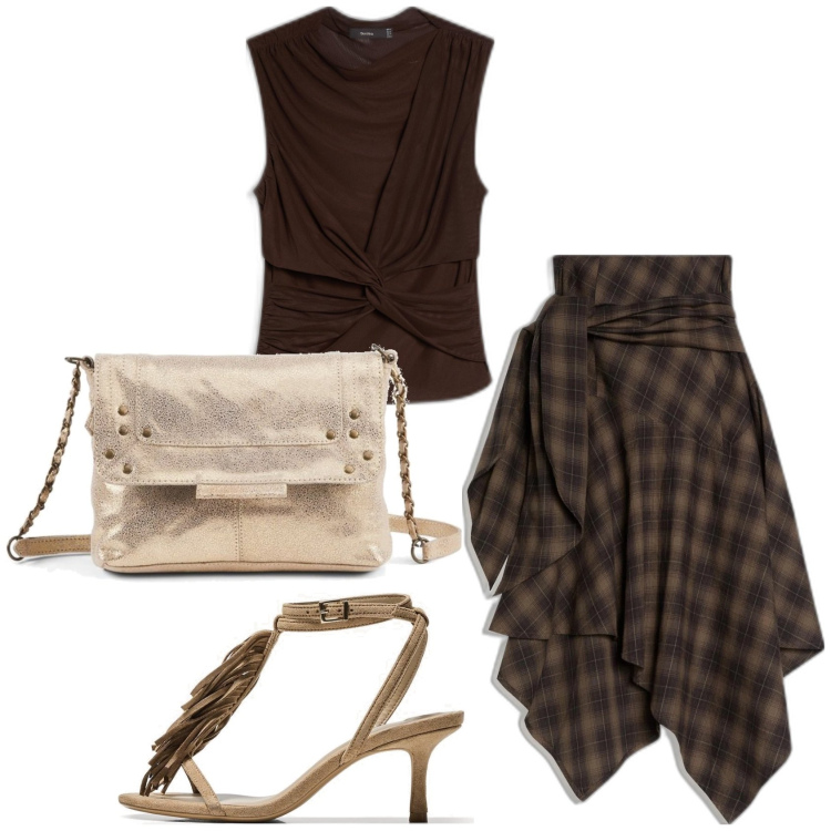Outfit mujer - Glamour. Estilo Glamour para Noche/Fiesta elegante. Combinación con falda longuette, bolsos de mano, sandalias de tacón, top.