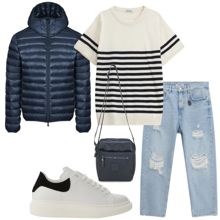 Outfit uomo - Easy look. Stile Casual per Tutti i giorni. Abbinamento con jeans strappati, maglieria, sneakers, bomber, portafogli.