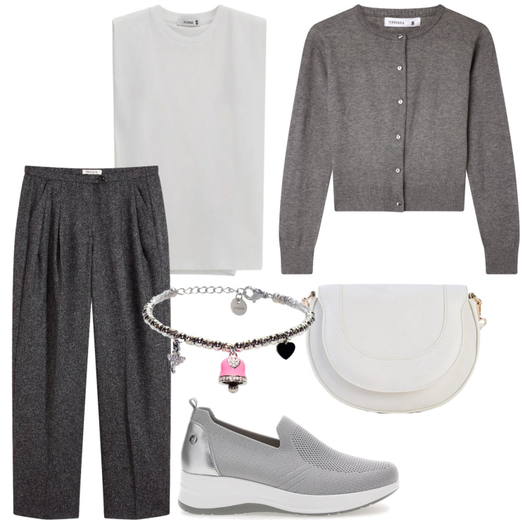Outfit donna - Comoda in ufficio. Stile Casual chic per Ufficio. Abbinamento con pantaloni, borse a tracolla, cardigans, top, braccialetti, mocassini.