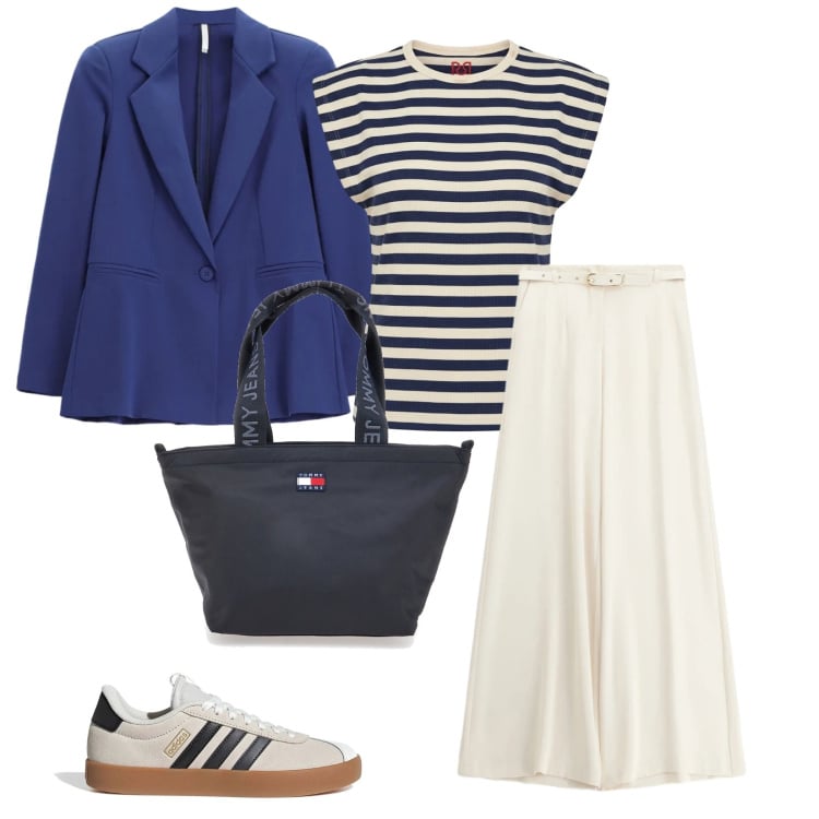 Outfit donna - Blazer di primavera. per Ufficio. Abbinamento con pantaloni a palazzo, blazer, t-shirt, sneakers, borse tote.