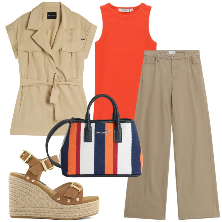 Outfit donna - Total look #2380006. Stile Casual chic per Tutti i giorni. Abbinamento con pantaloni, top, shopping bag, trench, zeppe.