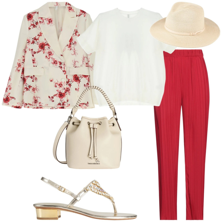 Outfit donna - Aperitivo. per Serata fuori. Abbinamento con pantaloni, cappelli, infradito, t-shirt, blazer, borse a secchiello.