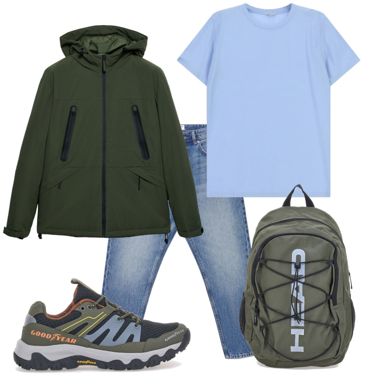 Outfit uomo - Total look #2380008. Stile Urban per Tutti i giorni. Abbinamento con jeans, giacche, t-shirt, zaini, stivali e stivaletti.