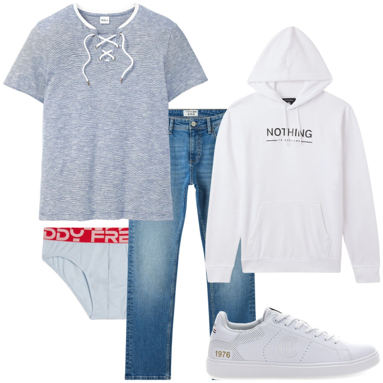 Outfit uomo - Total look #2380010. Stile Casual per Tutti i giorni. Abbinamento con t-shirt, slip, jeans, felpe con cappuccio, sneakers.