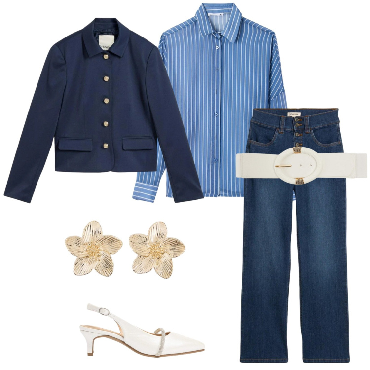 Outfit donna - Giacca. per Tutti i giorni. Abbinamento con blazer, décolleté, jeans dritti, orecchini, camicie, cinture.