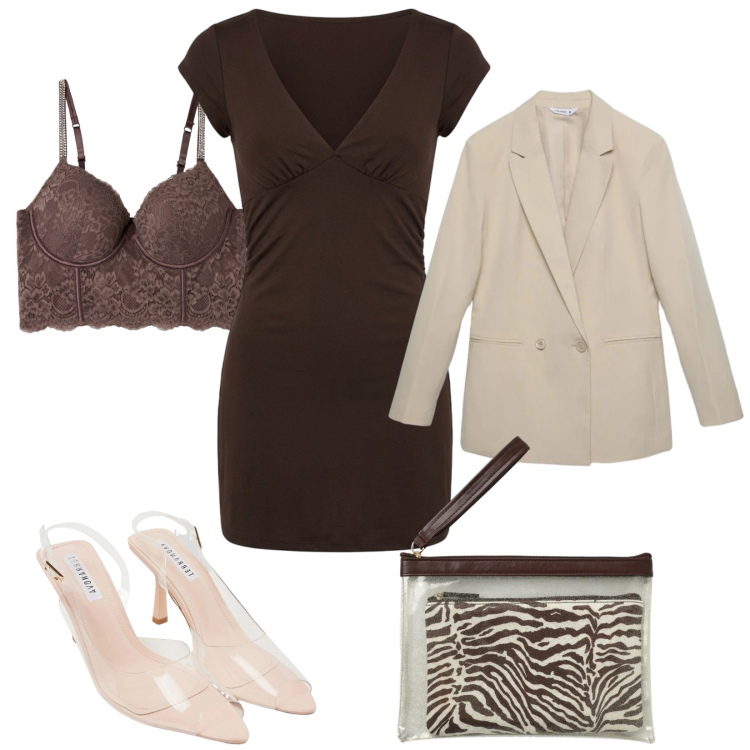 Outfit donna - Terranova. Stile Sexy per Serata fuori. Abbinamento con vestiti corti, blazer, bralette, sandali col tacco, pochette.