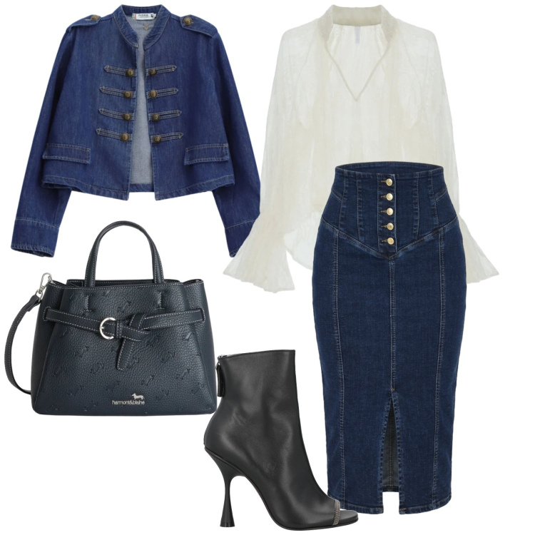 Outfit donna - Completo denim. per Serata fuori. Abbinamento con stivaletti, bluse, gonne longuette, blazer, borse a mano.