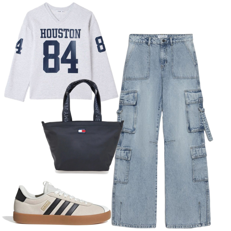 Outfit donna - Casual spring. Stile Casual per Tutti i giorni. Abbinamento con jeans, t-shirt, borse tote, sneakers.