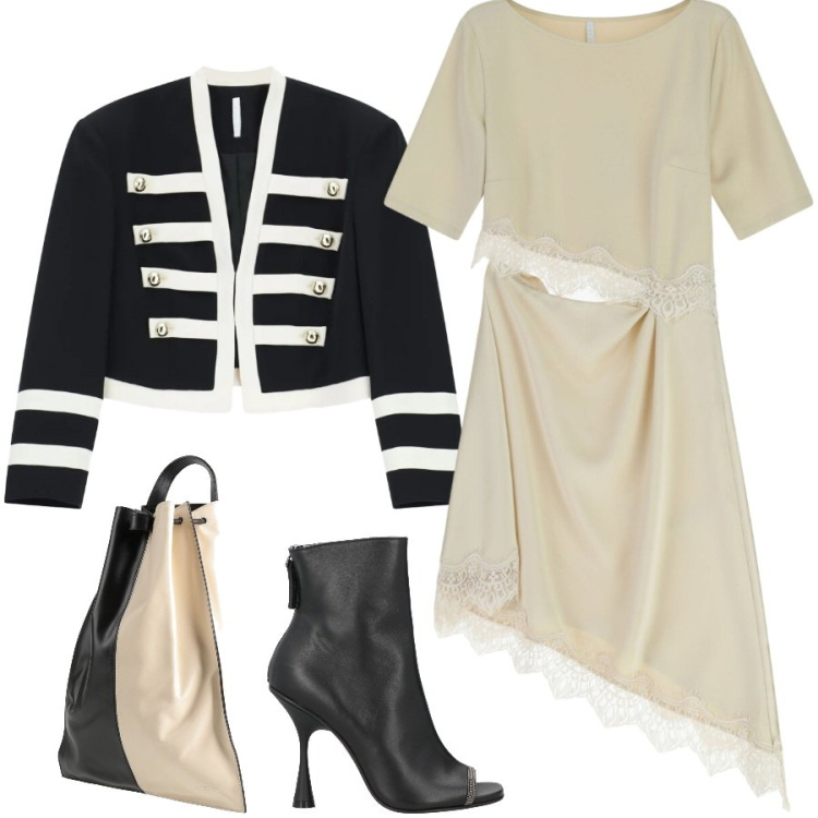 Outfit donna - La giacca di carattere. Stile Trendy per Serata fuori. Abbinamento con stivaletti, zaini, vestiti asimmetrici, blazer.