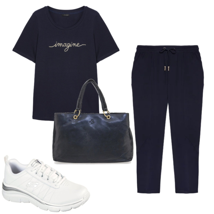Outfit donna - City. Stile Casual per Tutti i giorni. Abbinamento con pantaloni, t-shirt, sneakers, borse a mano.