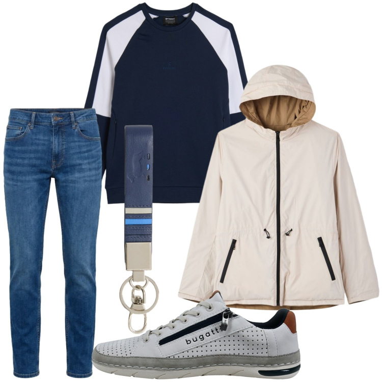 Outfit uomo - City boy. Stile Urban per Tutti i giorni. Abbinamento con giacche, portachiavi, jeans, felpe, sneakers.