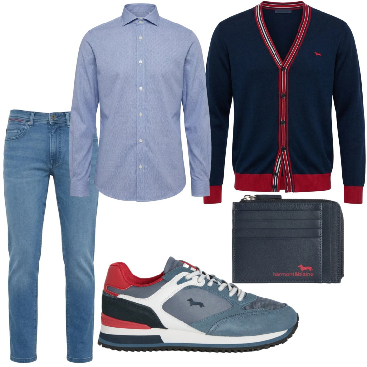 Outfit uomo - No stress fit. Stile Trendy per Tutti i giorni. Abbinamento con cardigans, portamonete, camicie, jeans slim fit, sneakers.