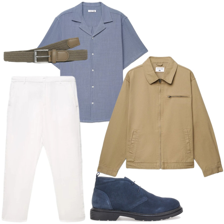 Outfit uomo - Minimal vibe. Stile Casual per Tutti i giorni. Abbinamento con cinture, cappotti, camicie a manica corta, pantaloni, scarpe stringate.