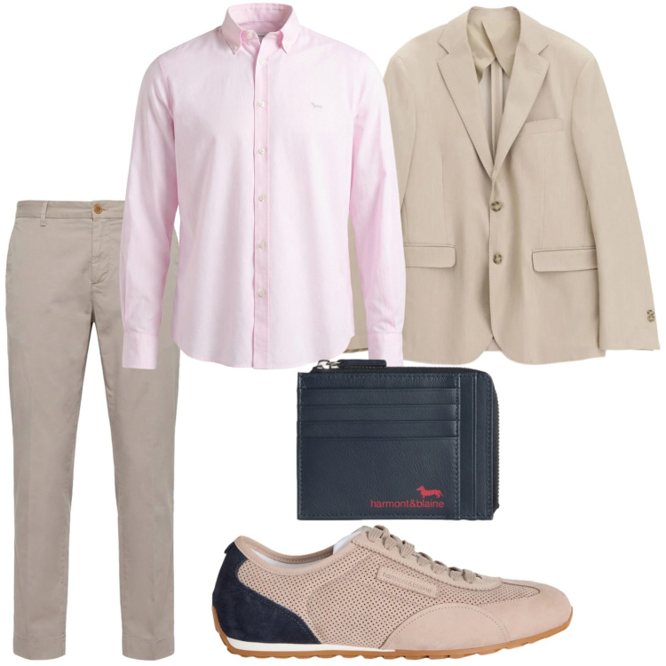 Outfit uomo - Gentleman moderno. Stile Trendy per Ufficio. Abbinamento con giacche, sneakers, portamonete, camicie, pantaloni chino.