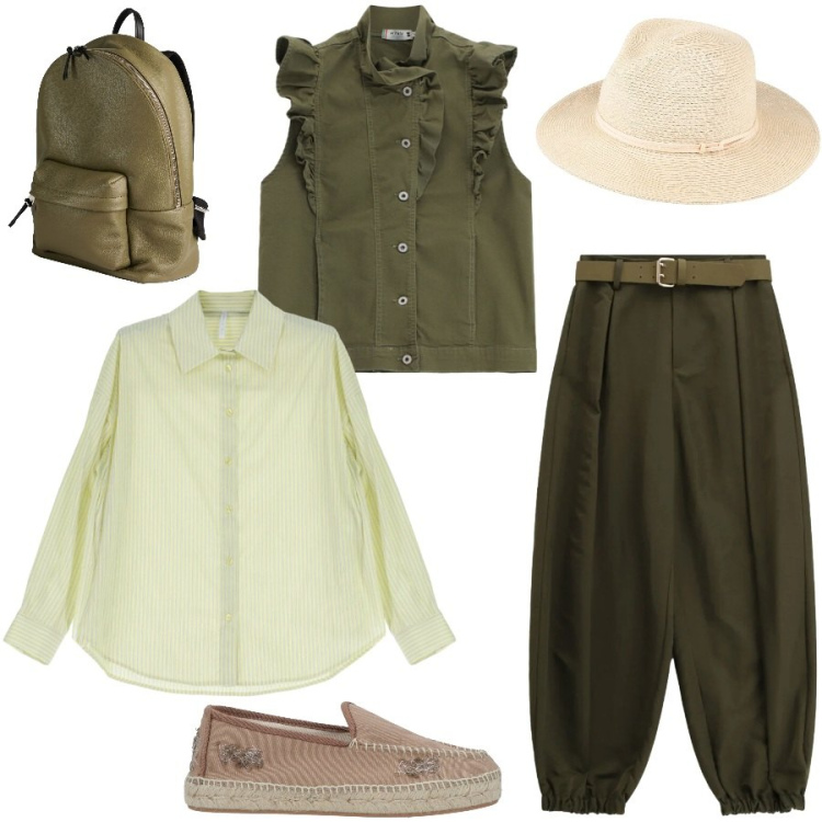 Outfit donna - Total look #2380070. Stile Casual chic per Tutti i giorni. Abbinamento con espadrillas, cappelli, zaini, gilet, camicie, pantaloni.