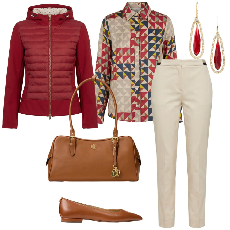 Outfit donna - Primavera. per Ufficio. Abbinamento con giacche, camicie, pantaloni chino, ballerine, orecchini, borse a mano.