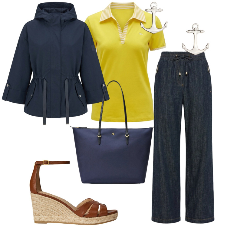 Outfit donna - Mood primavera. per Tutti i giorni. Abbinamento con caban, polo, pantaloni, zeppe, borse tote, orecchini.