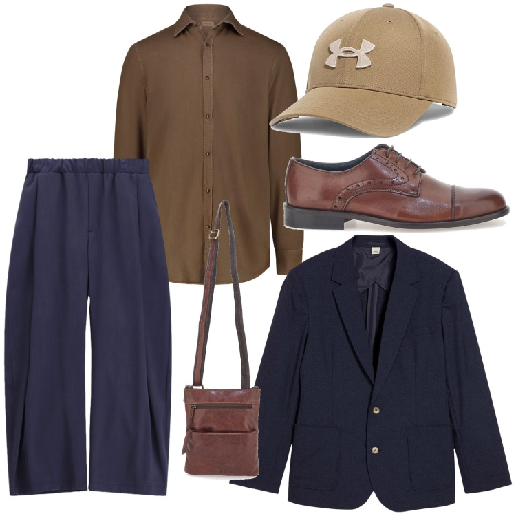 Outfit uomo - Camicia protagonista. Stile Casual per Ufficio. Abbinamento con giacche, pantaloni, scarpe stringate, portafogli, camicie, cappelli con visiera.