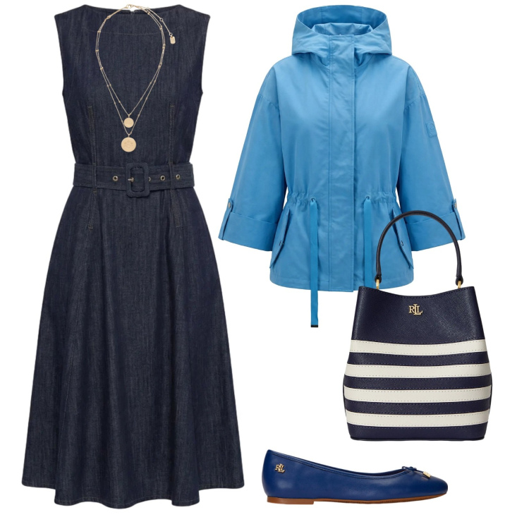 Outfit donna - Mood primavera. per Tutti i giorni. Abbinamento con vestiti, caban, ballerine, ciondoli, borse a secchiello.