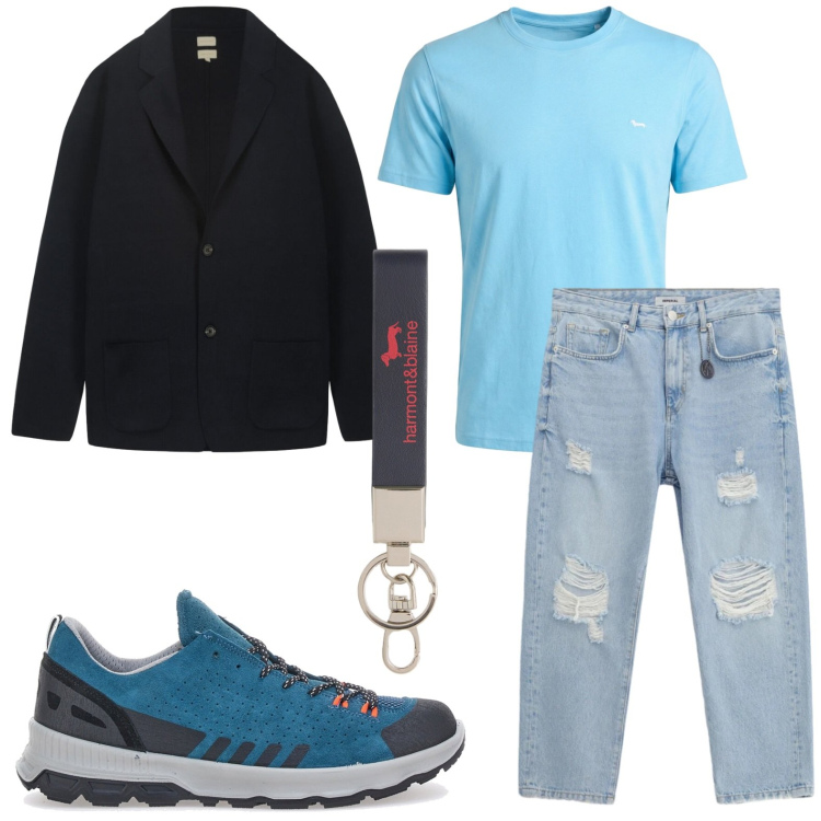 Outfit uomo - Crean fit. Stile Casual per Tutti i giorni. Abbinamento con jeans strappati, portachiavi, t-shirt, stivali e stivaletti, cardigans.
