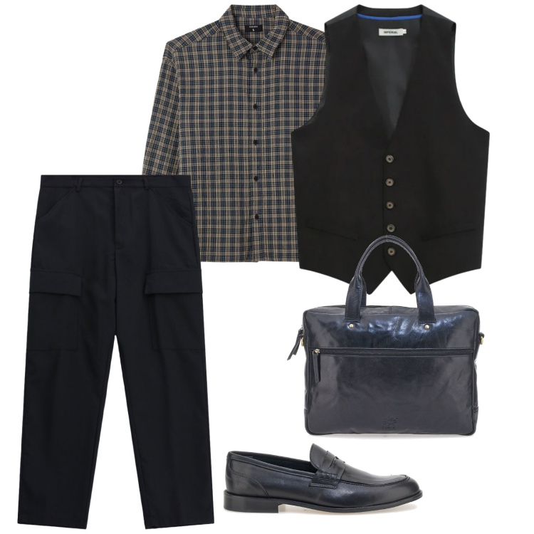 Outfit uomo - Camicia. per Serata speciale. Abbinamento con camicie, gilet, pantaloni cargo, borse sportive, scarpe stringate.