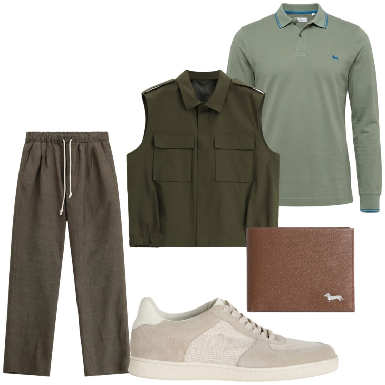 Outfit uomo - Smart casual. Stile Casual per Tutti i giorni. Abbinamento con portafogli, sneakers, polo, pantaloni, gilet.