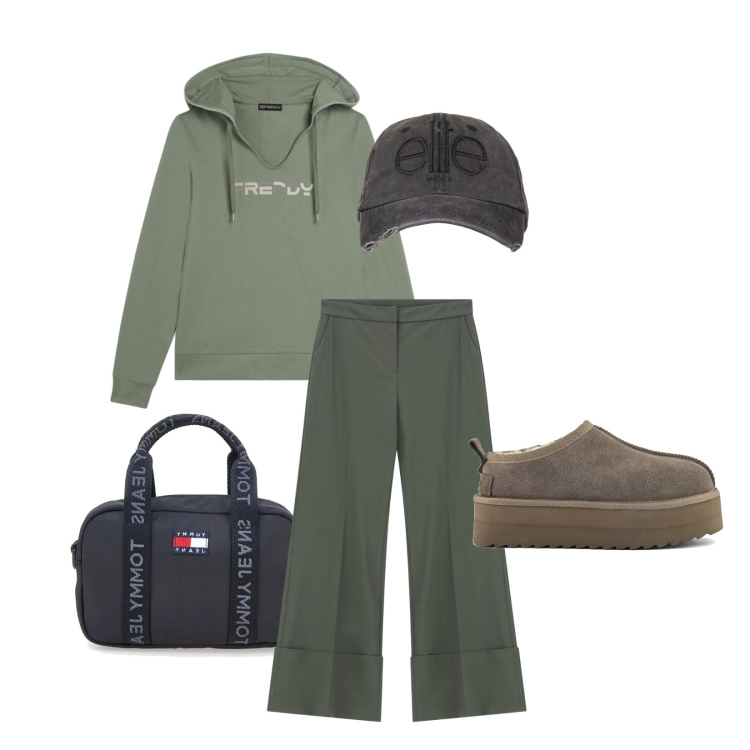 Outfit donna - Total look #2380129. Stile Urban per Tutti i giorni. Abbinamento con pantaloni a palazzo, felpe con cappuccio, cappelli, sabot, borse a tracolla.