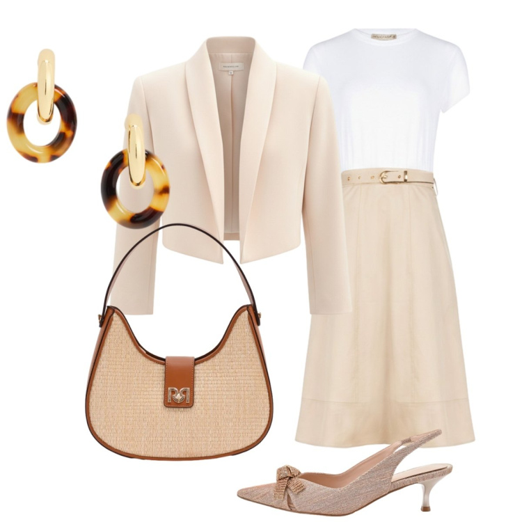 Outfit donna - Elegante per le vie del centro. Stile Chic per Tutti i giorni. Abbinamento con vestiti midi/longuette, borse a spalla, décolleté, bolero, orecchini.