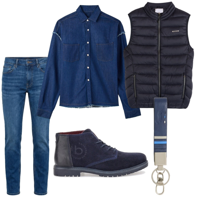 Outfit uomo - No stress. Stile Trendy per Tutti i giorni. Abbinamento con camicie, jeans, portachiavi, piumini, scarpe stringate.