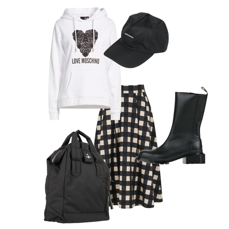 Outfit donna - Total look #2380156. Stile Urban per Tutti i giorni. Abbinamento con stivali, cappelli con visiera, felpe con cappuccio, zaini, gonne longuette.