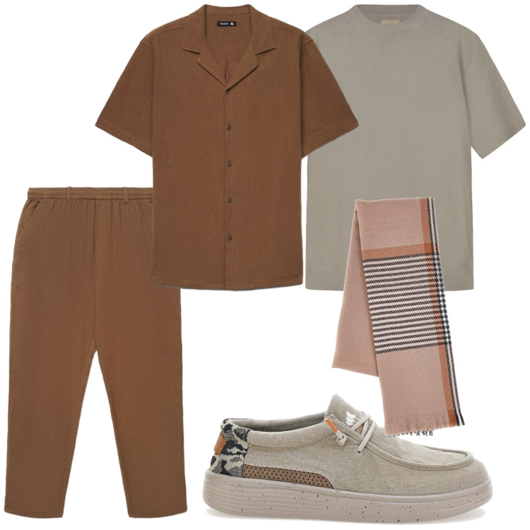 Outfit uomo - Urban flex. Stile Casual per Tutti i giorni. Abbinamento con camicie a manica corta, pantaloni, sciarpe, t-shirt, scarpe stringate.