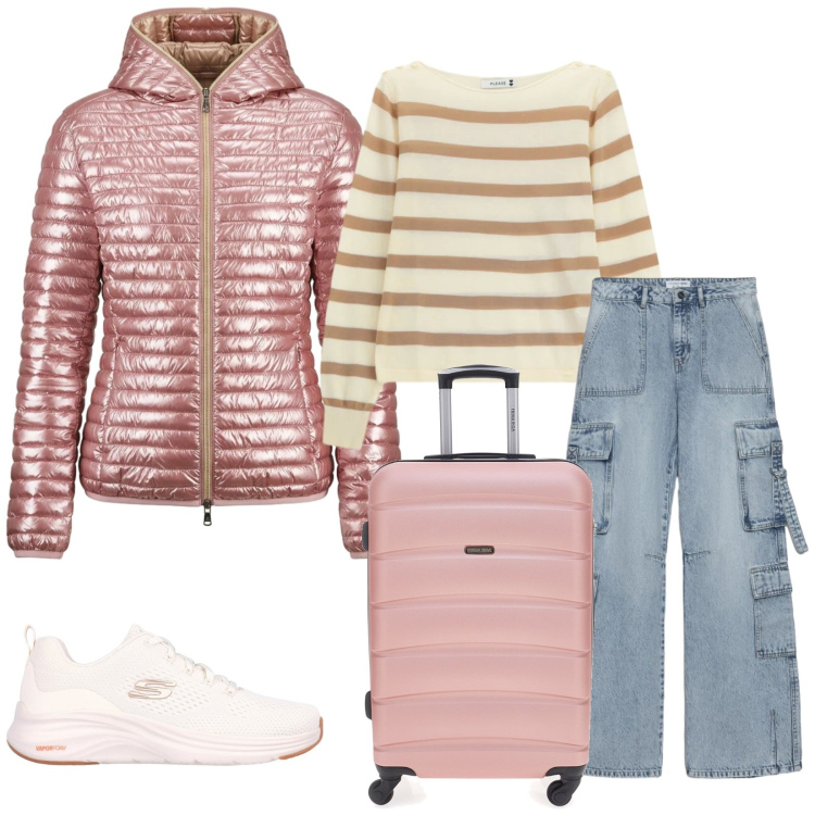 Outfit donna - Total look #2380177. Stile Casual chic per Tutti i giorni. Abbinamento con jeans, maglieria, piumini, sneakers, valigie.