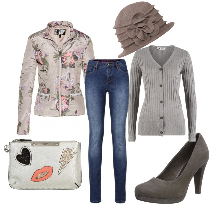 Outfit donna - Per la mezza stagione. Stile Bon Ton per Tutti i giorni. Abbinamento con jeans skinny, giacca fantasia floreale, cardigan a coste grigio e corda, scarpe con tacco grigio, cappello beanie fantasia floreale, pochette fantasia con zip interno foderato in ecopelle con tasca interna.