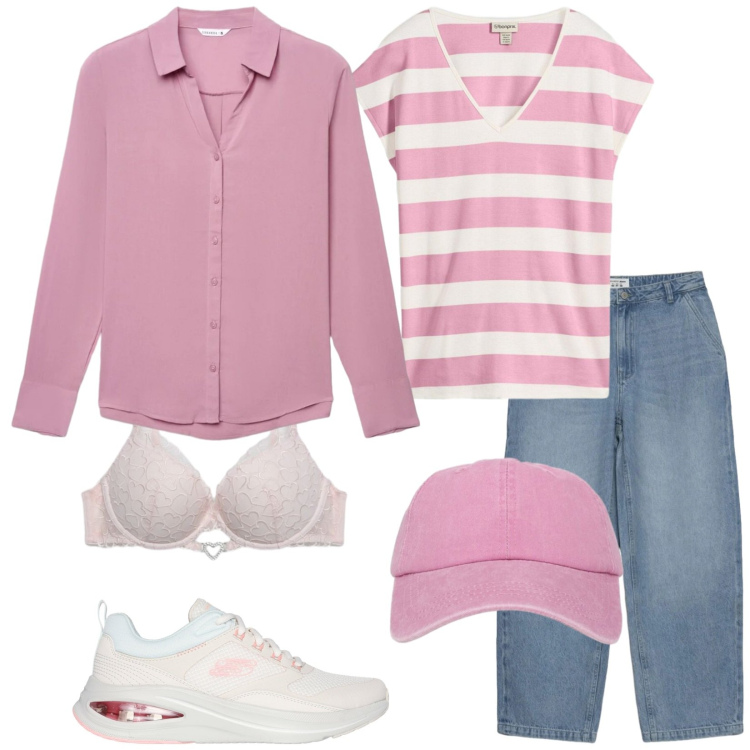 Outfit donna - Le sneakers belle e comode. Stile Trendy per Tutti i giorni. Abbinamento con maglieria, sneakers, jeans dritti, camicie, reggiseni push-up, cappelli con visiera.